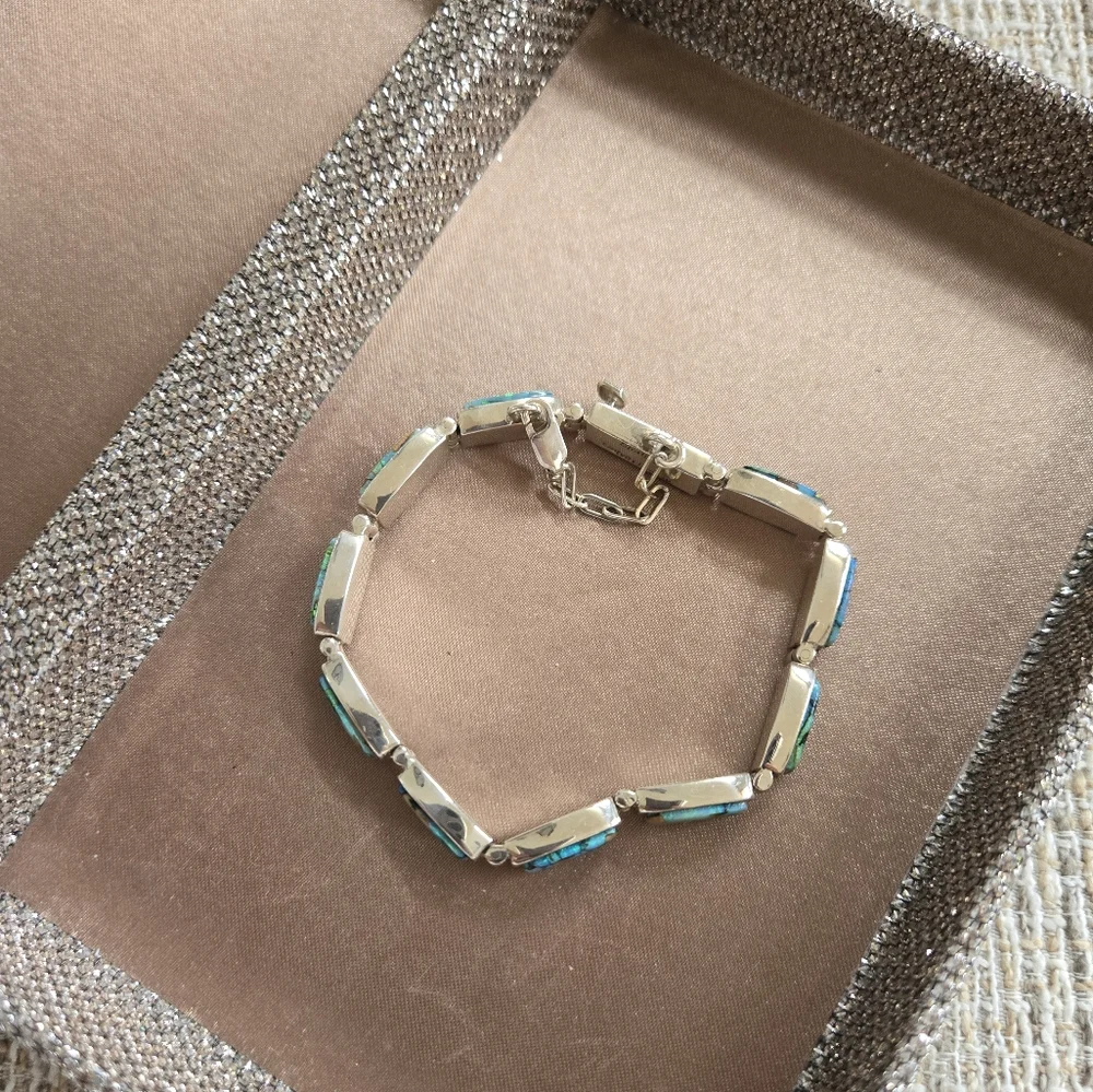 Vintage Navajo Calvin Begay Sterling Opal Bracelet - Picture 4 of 12